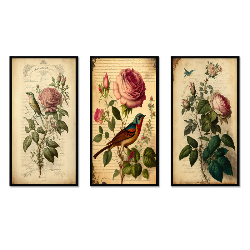 "Rose rose sur parchemin rétro", 3 pièces sur toile, H 20 po x l 36 po, Cadre flottant noir