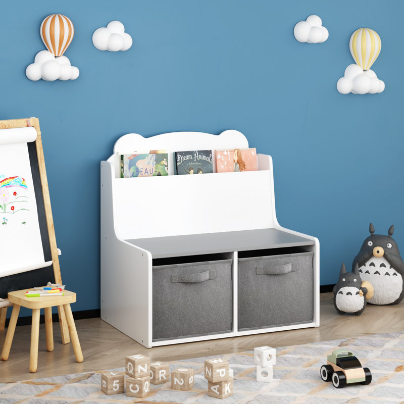 Bibliothèque pour enfants avec bacs de rangement - Bibliothèque en bois avec étagère à livres et 2 bacs en tissu, joli panneau en forme d'ours, organisateur de jouets
