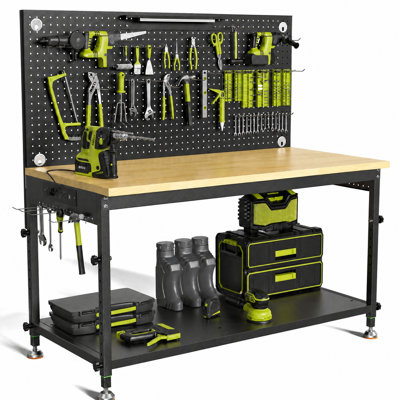 96" Multifunctional Heavy Duty Workbench For Garage With Pegboard,2000lbs Load, Adjustable Height, Led Light