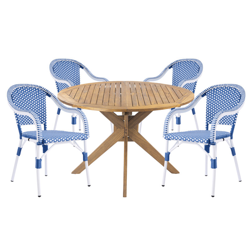 Ensemble de salle à manger d'extérieur 5 pièces Montmartre avec table ronde en bois d'acacia et fauteuils en osier, Blanc
