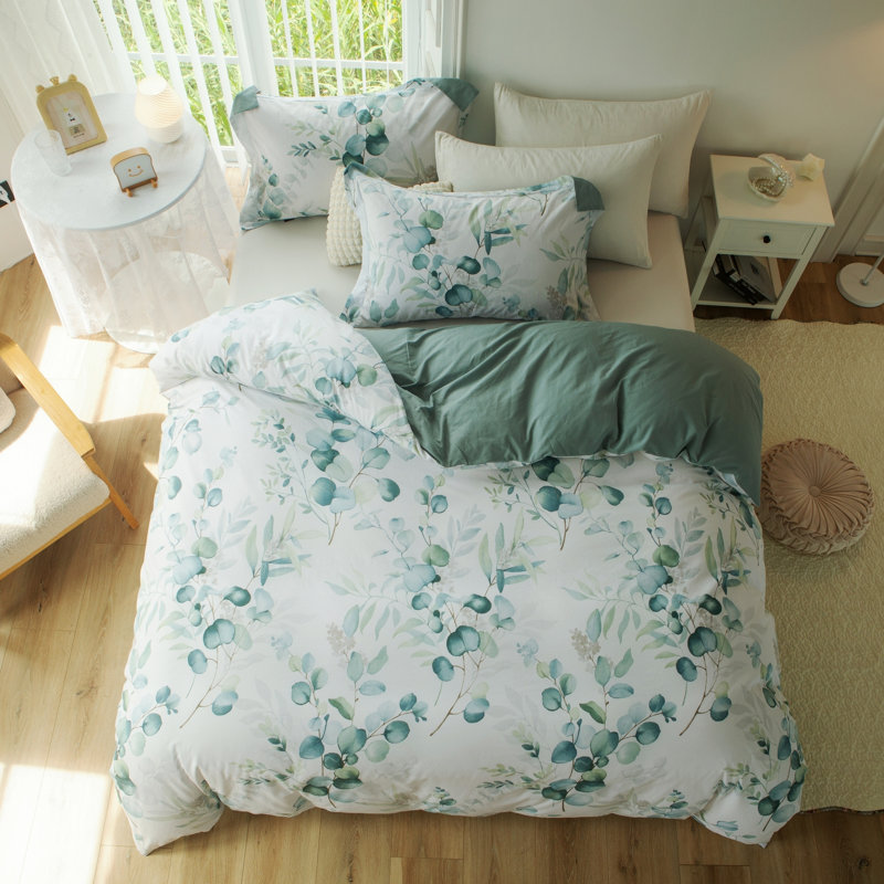 Schexnayder 100% Washed Cotton Duvet Cover Set – Linen-Like, Sage Green Leaf Print, Breathable with Zipper Closure