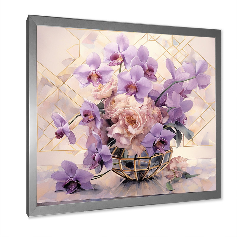 Élégante géométrie mauve Bouquet I - impression, Cadre simple argenté, H 30 po x l 30 po x P 1 po