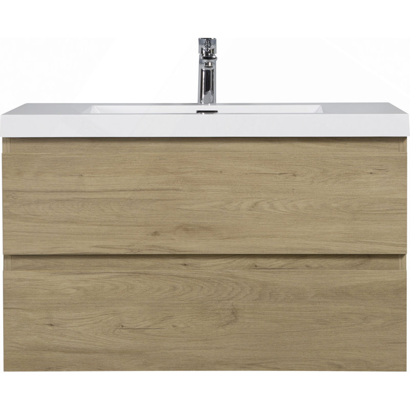 Meuble-lavabo flottant avec lavabo, meuble-lavabo mural moderne avec lavabo en résine et tiroirs à fermeture en douceur, 35"