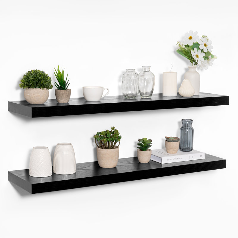 2-Piece 9.3" Extra Deep Wood Floating Shelves, Modern Design Wall Mount Display Shelves, Black, 1.5" H x 36" W x 9.3" D