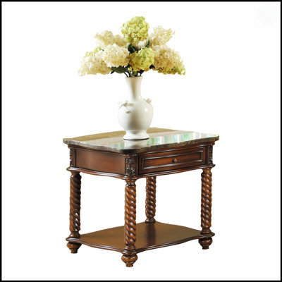 Traditional Formal Marble Top End Table With Drawer And Lower Shelf, Mahogany Finish, Spiral Turned Legs, Wooden Living Room Furniture