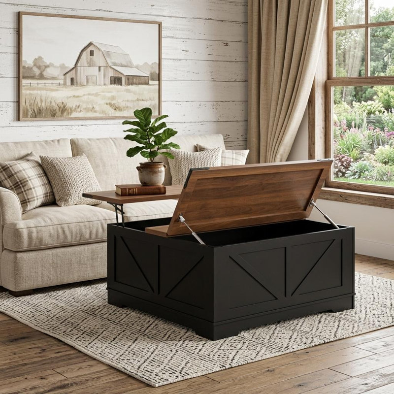 Table basse 40 po avec deux tablettes à plateau relevable en bois brun et noir, Brun, Noir