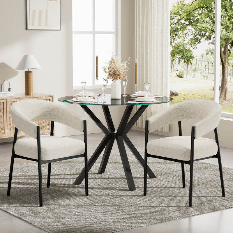 Modern Round Dining Set With Chenile Armchair, Clear Tempered Glass Dining Table And Chairs With Arms For Dining Room, Black