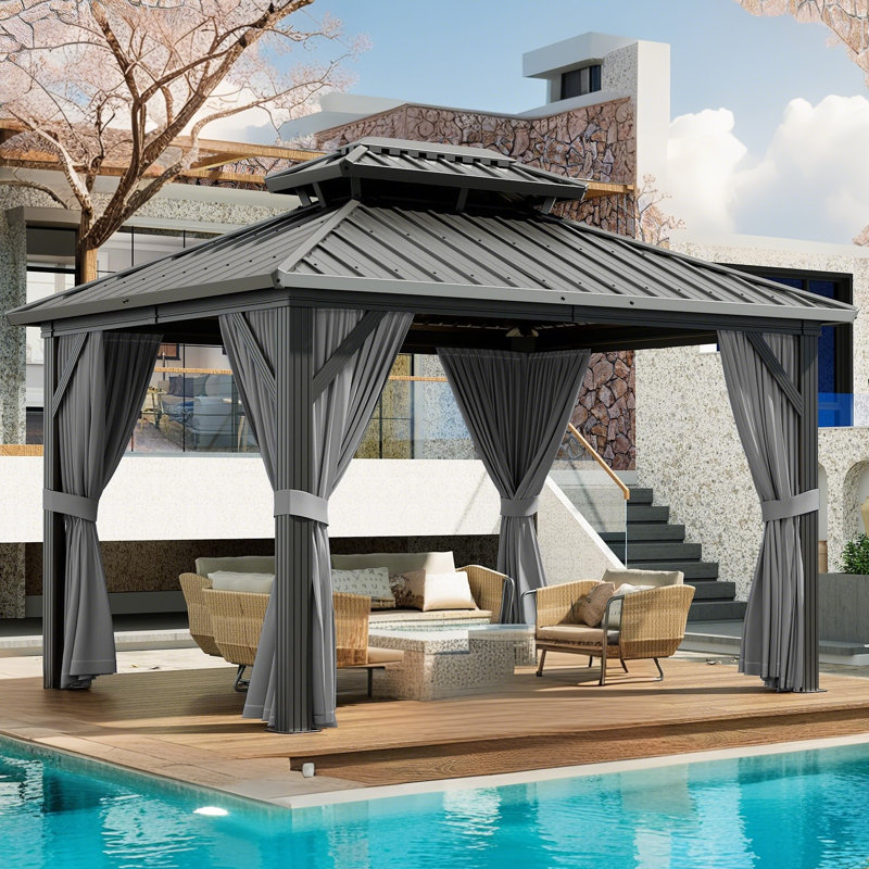 Outdoor Hardtop Gazebo, Galvanized Iron Double Vent Roof with Curtains & Netting, Aluminum Frame Pavilion for Patio, Lawn, Deck, Garden