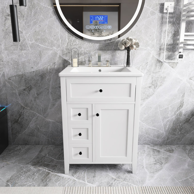 Meuble-lavabo 24 po avec évier - panneau de fibres à densité moyenne et bois d'hévéa, 3 tiroirs, armoire avec tablettes réglables