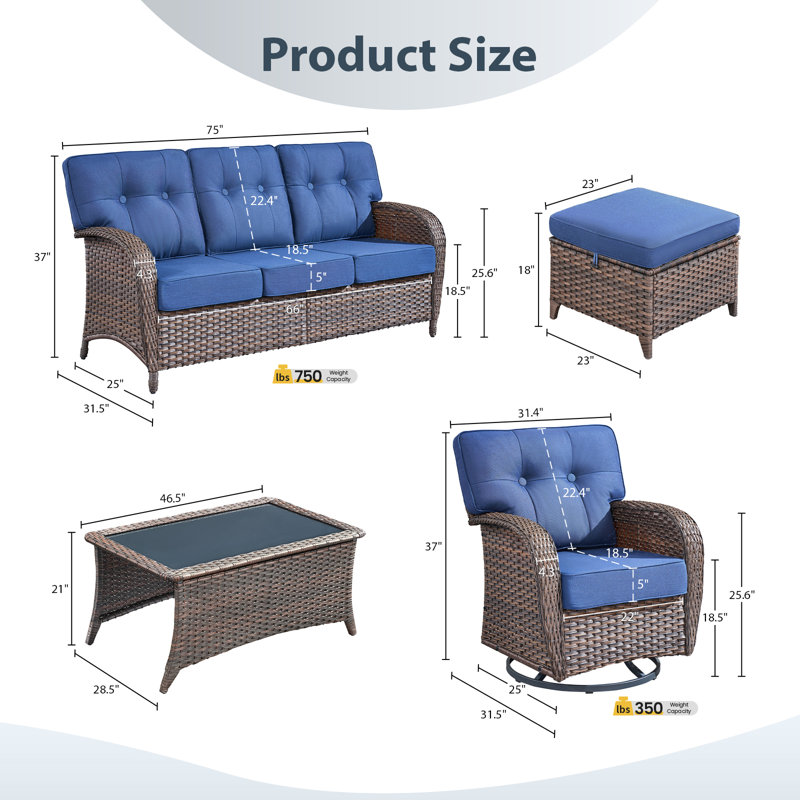 8-Piece Patio Furniture Set, All-Weather Outdoor Seating Set With Swivel Glider Chairs, Blue