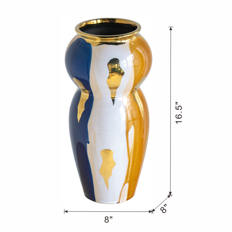 Curved Ceramic Vase with Abstract Multicoloured Finish, Yellow/Blue, 16.3" H X 7.9" W X 7.9" D