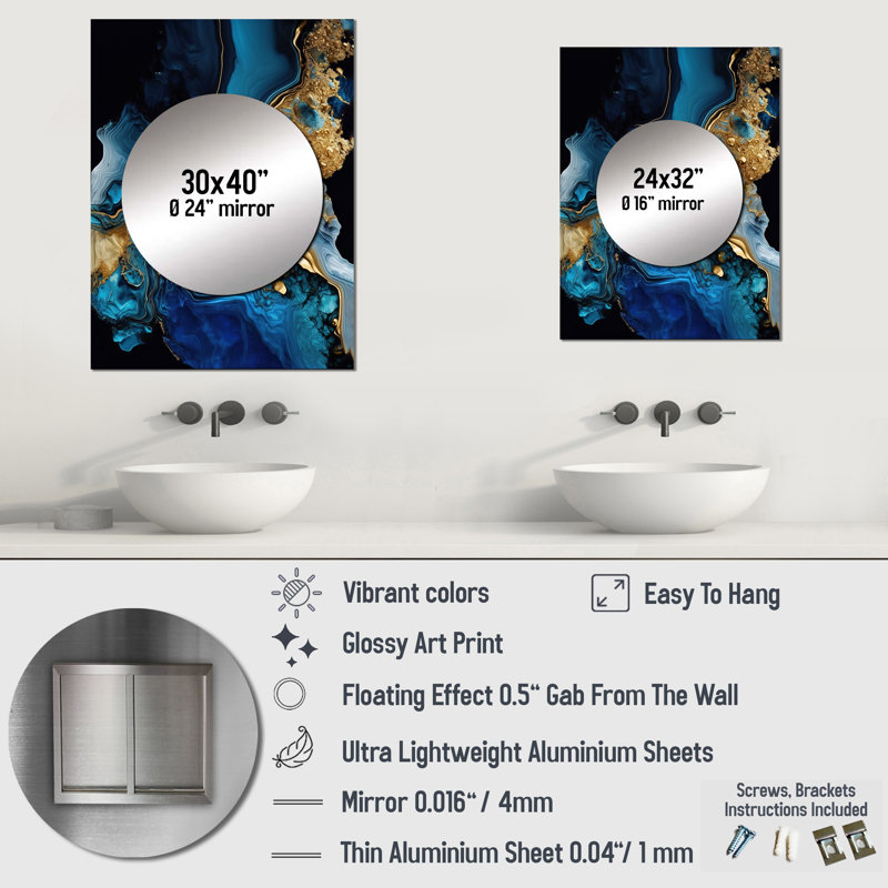 Abstract Geode Gold And Blue Marble IV - Marble Decorative Wall Mirror, Blue Mirror, Printed Metal Art, 32" x 24"