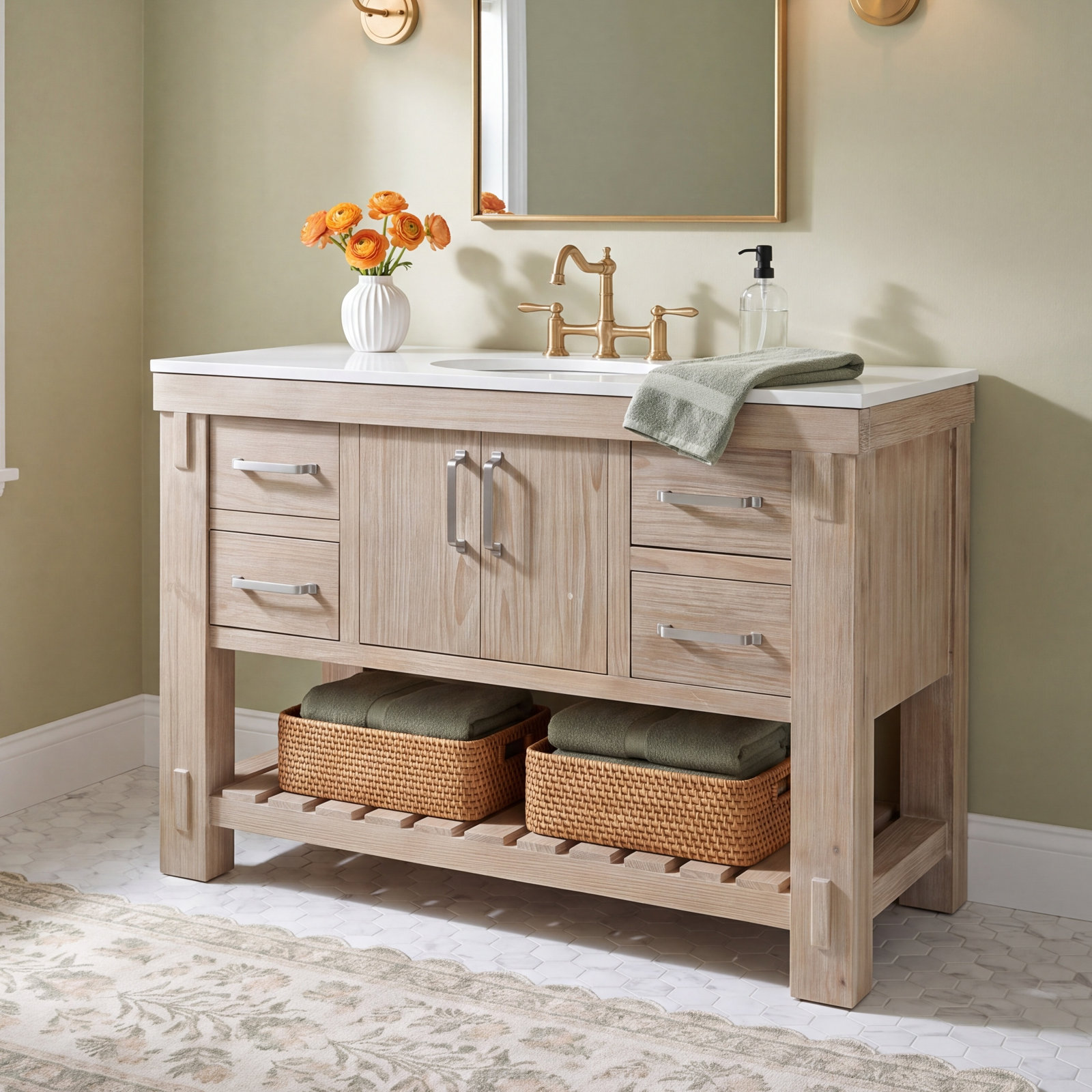 Bromley 48" Pine Single Bathroom Vanity, White Washed Pine