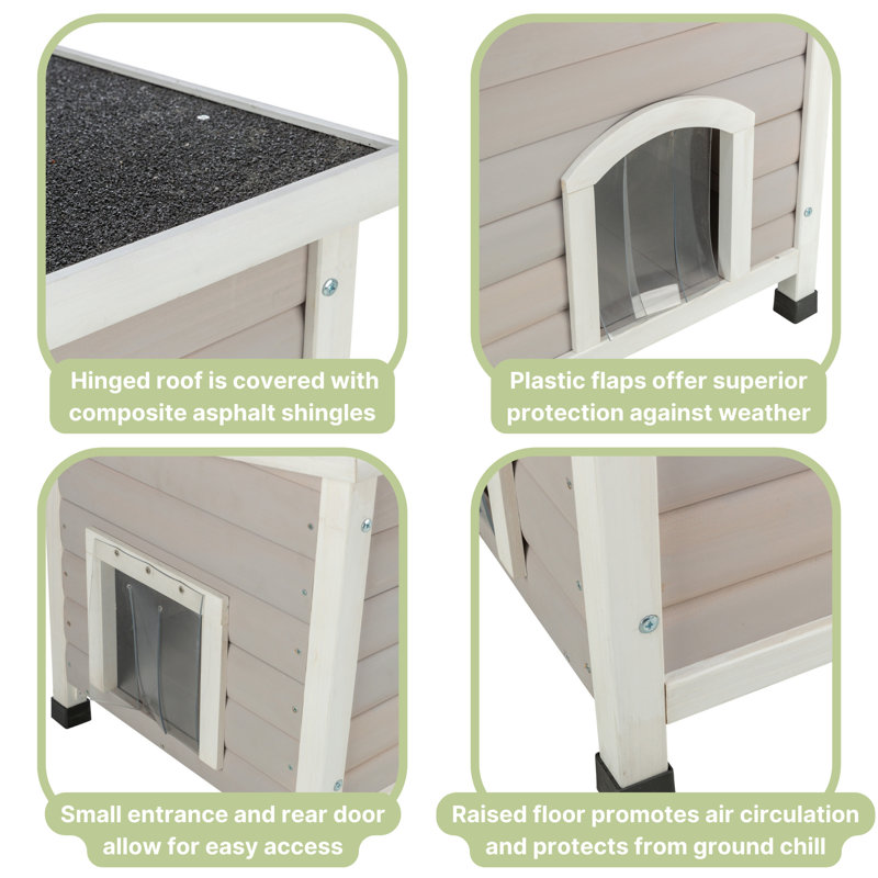 Elevated Weatherproof Gray Fir Wood Cat House with Hinged Roof