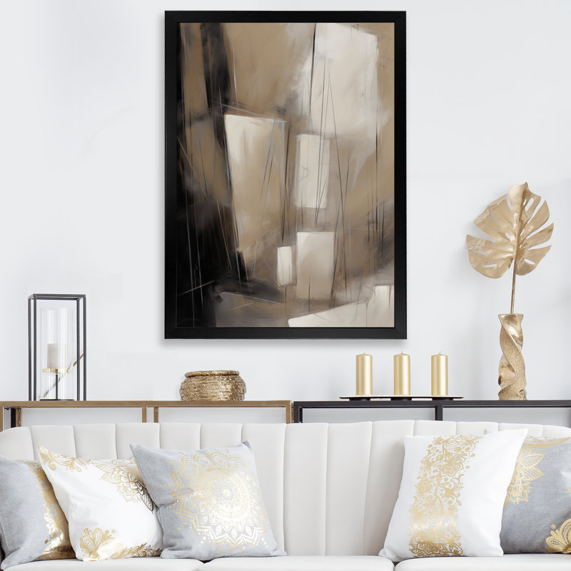 Mélange géométrique gris beige Phebe I, Cadre photo noir, H 20 po x l 12 po x P 1 po