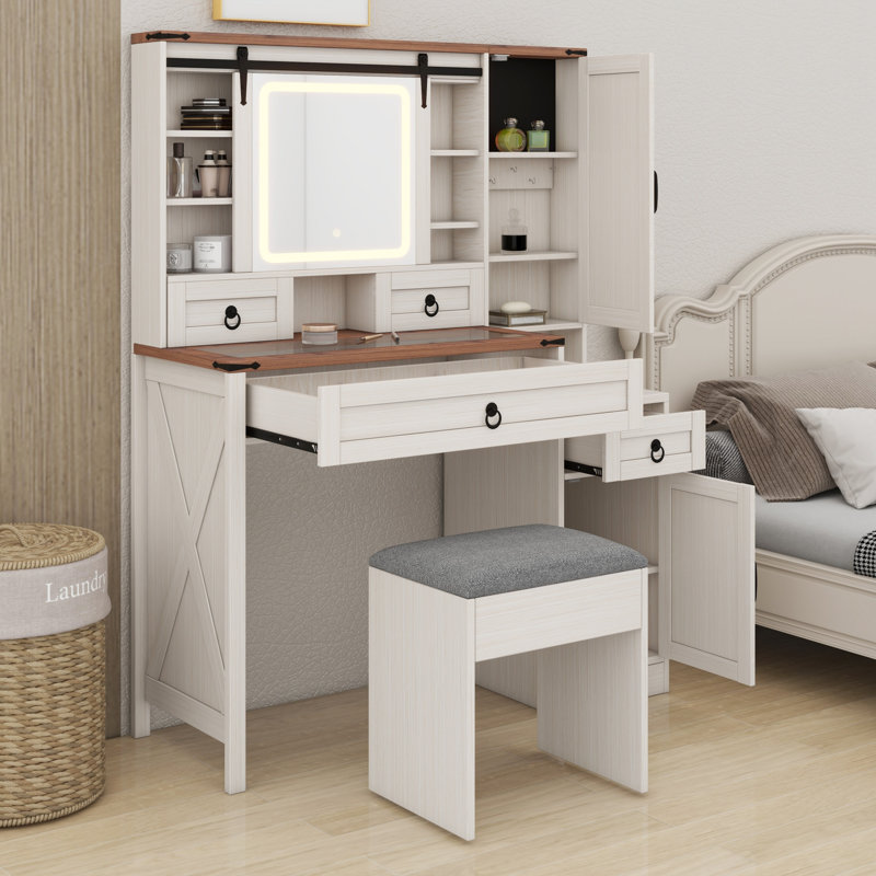 Ensemble de coiffeuse avec miroir lumineux coulissant Farmhouse, coiffeuse en verre avec station de charge, ensemble de meuble-lavabo 4 tiroirs 2 armoires avec tabouret