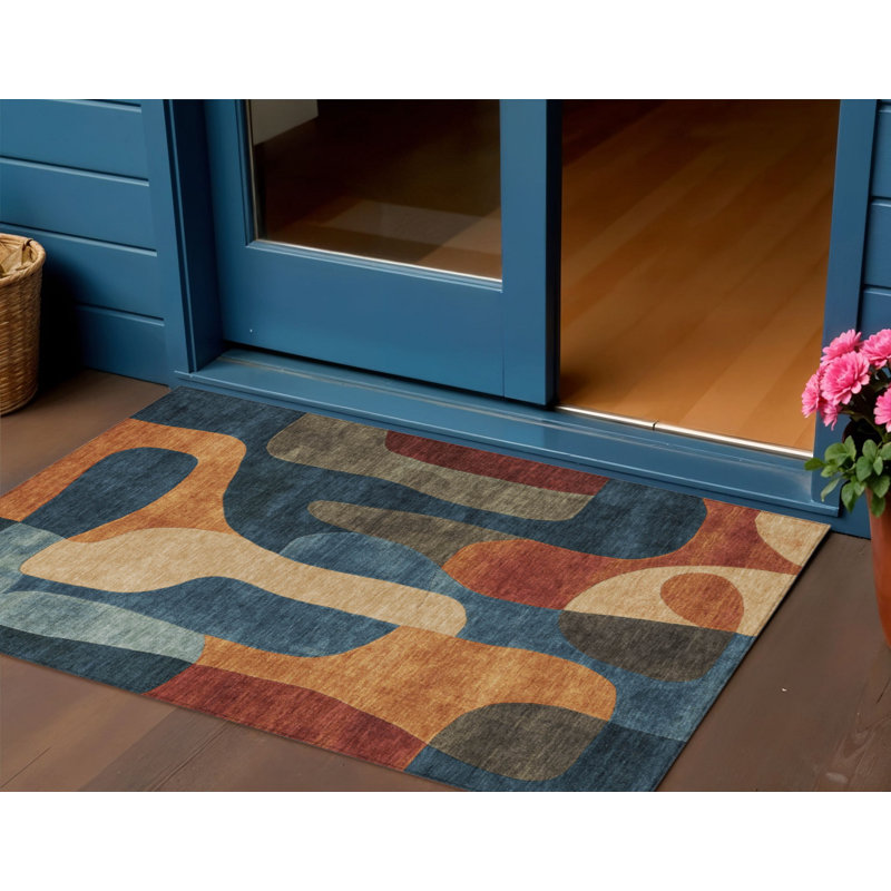3' X 5' Navy Blue And Orange Abstract Washable Indoor Outdoor Area Rug