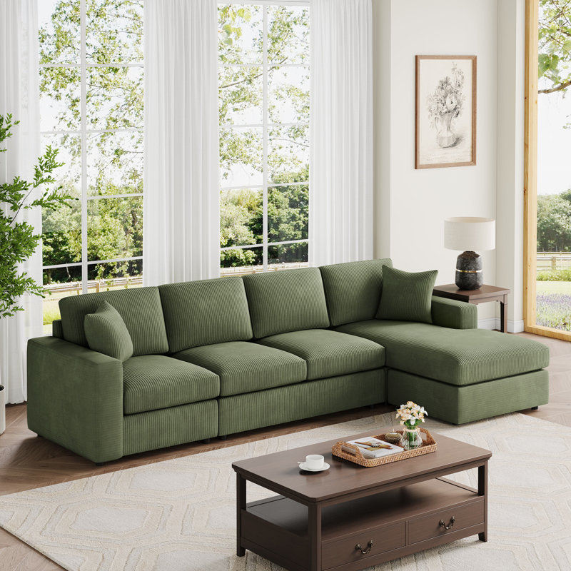 3 - Piece Corduroy Upholstered L-Shaped Sectional, Green Corduroy