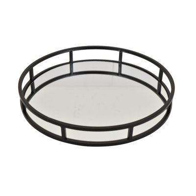 Shaya Round Tray, Gallery Frame w Rails, Glass, Black Metal 15 Inch