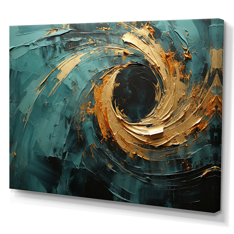 Golden Emerald Surge - Abstract Spirals, art mural, Toile tendue, H 16 po x l 32 po