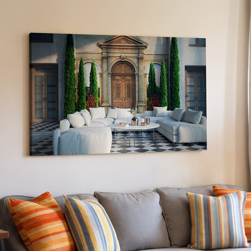 Toile d'un salon moderne et élégant avec un grand canapé modulaire blanc d'art mural placé au premier plan complété par une toile murale