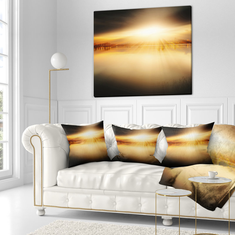 Coussin à imprimé paysage coucher de soleil avec vue sur le lac, 16 po x 1 po, Coussin décoratif