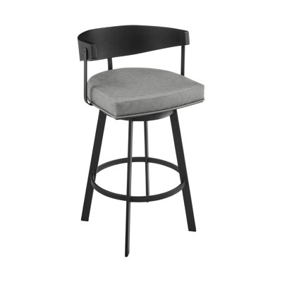 Ahzhane Modern Swivel Counter or Bar Height Barstool with Arms and Open Low Back in Iron with Wood and Faux Leather