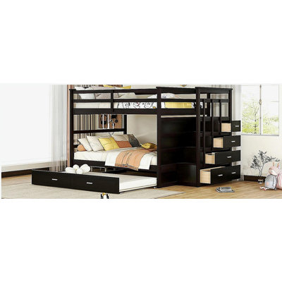 Double-decker bed with a double-sized flip-down bed and staircase, gray