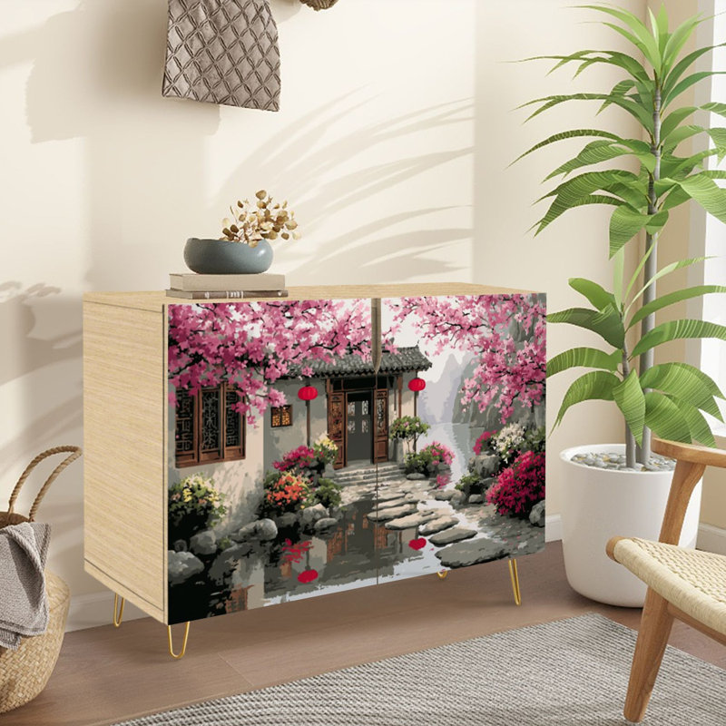 Sideboard Buffet Cabinet with Storage Traditional Chinese Courtyard Cherry Blossoms Red Lanterns Soft Pastel with 2 Doors for Living Room and Kitchen