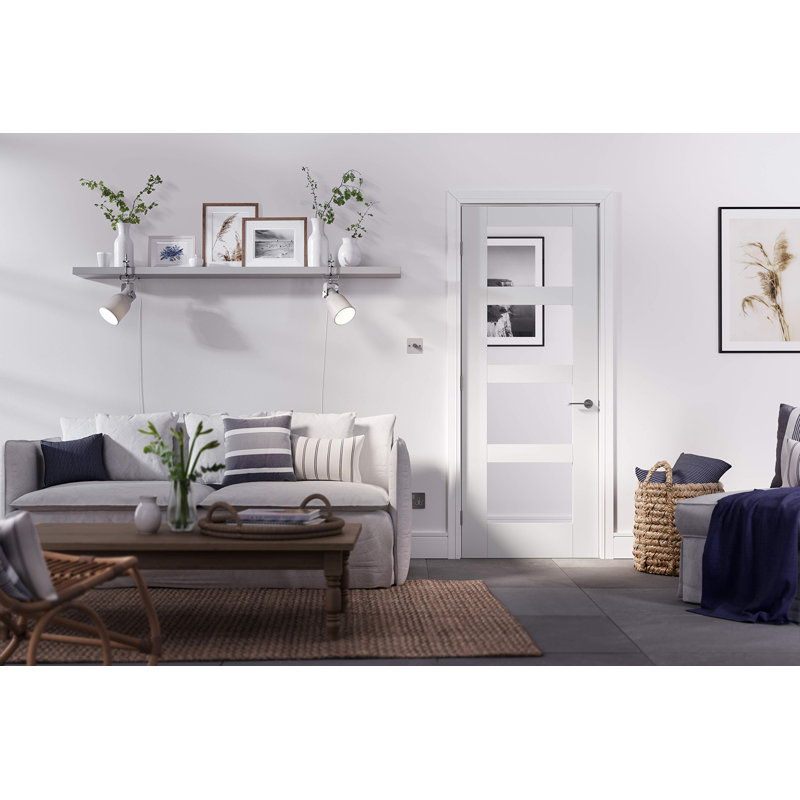 Shaker 4L Clear Glazed Primed White Internal Door, 198.1cm H x 68.6cm W x 3.5cm D