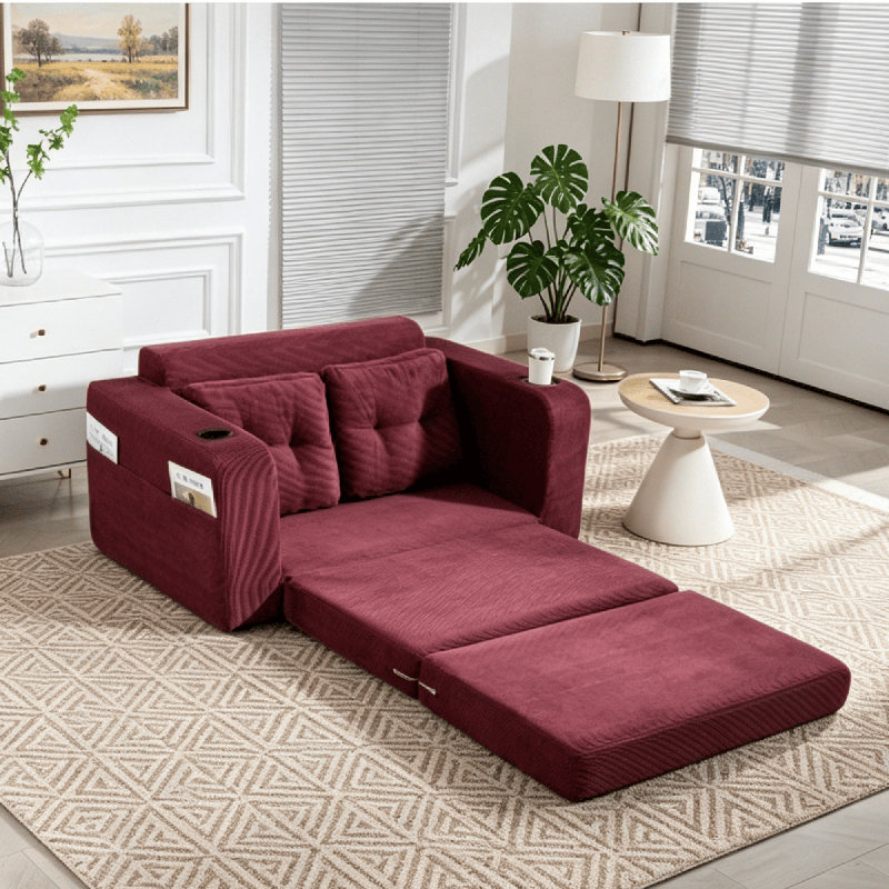 Double Fold-Out Sofa Bed – Compression-Molded Foam, Includes Pillows, CSN-W395P438031WINE RED