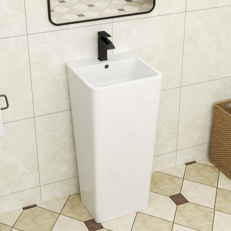 33" Tall Rectangular Ceramic Pedestal Bathroom Sink with Fauce Hole and Overflow