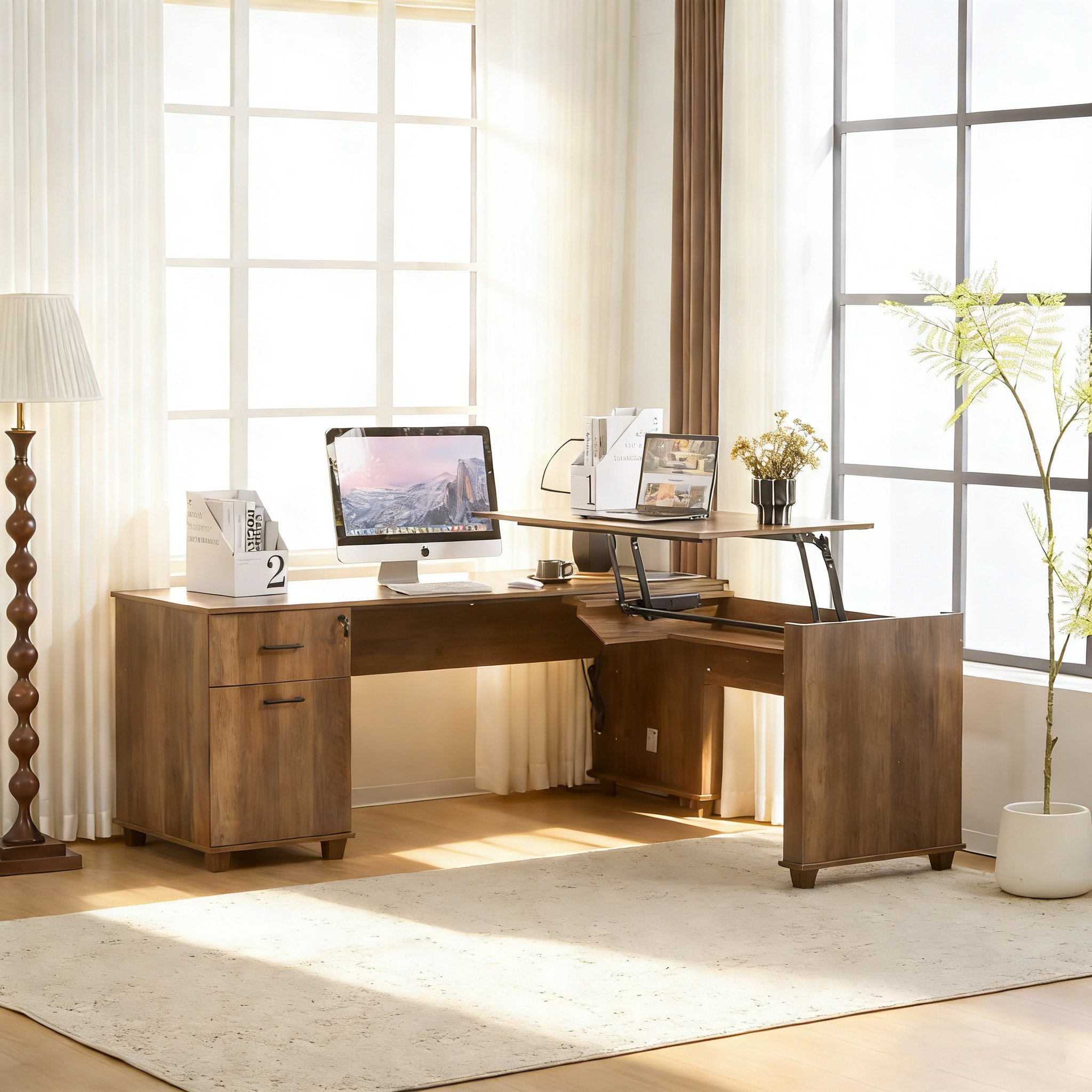 Winado L Shaped Home Office Desk, Height Adjustable Tabletop,2 Drawers Computer Desk | Wayfair