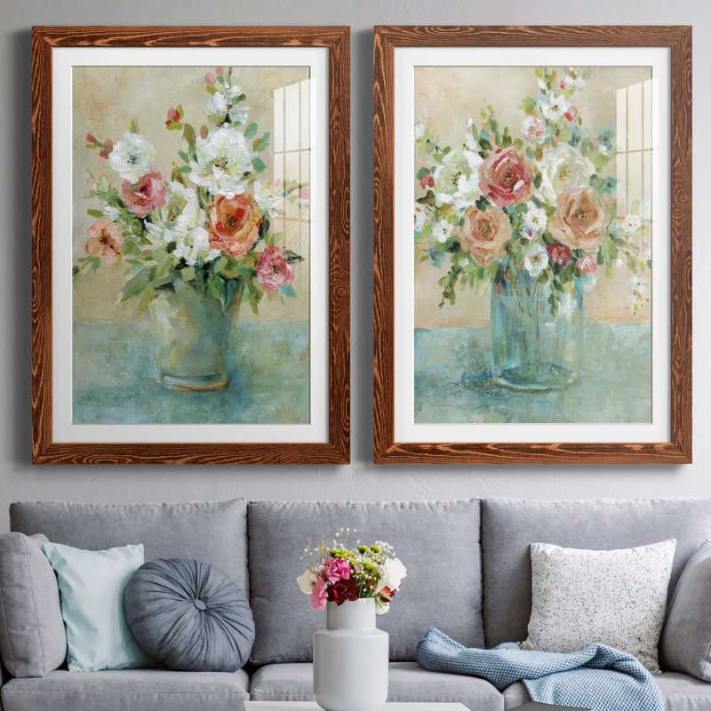 Sun Drenched Bouquet - Ensemble de 2 reproductions d'art, H 37,5 po x l 55 po x P 1,5 po, Papier avec cadre érable, Blanc