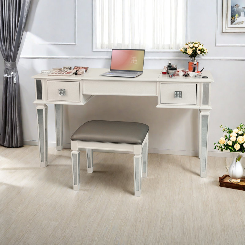 Mirrored Vanities Desk With Drawers, Bedroom Makeup Vanity Table Set With Mirror And Stool, Flip Up Dressing Table For Bedroom/Makeup Room, Working Desk Furniture Combo