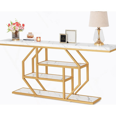70.9 Inch Extra Long Faux Marble Console Table With 4-Tier Storage, Modern Gold Frame For Living Room And Hallway