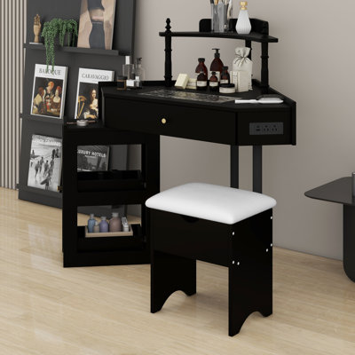 Corner Makeup Vanity with Charging Station, Triangle Vanity Desk with Glass Top, Drawer, Shelf & Cushioned Stool