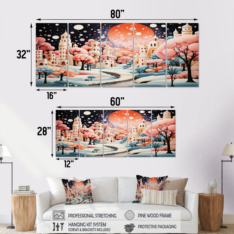 Bulle rose paysage urbain Art déco - ensemble d'art mural 5 pièces City Art Deco, H 28 po x l 60 po