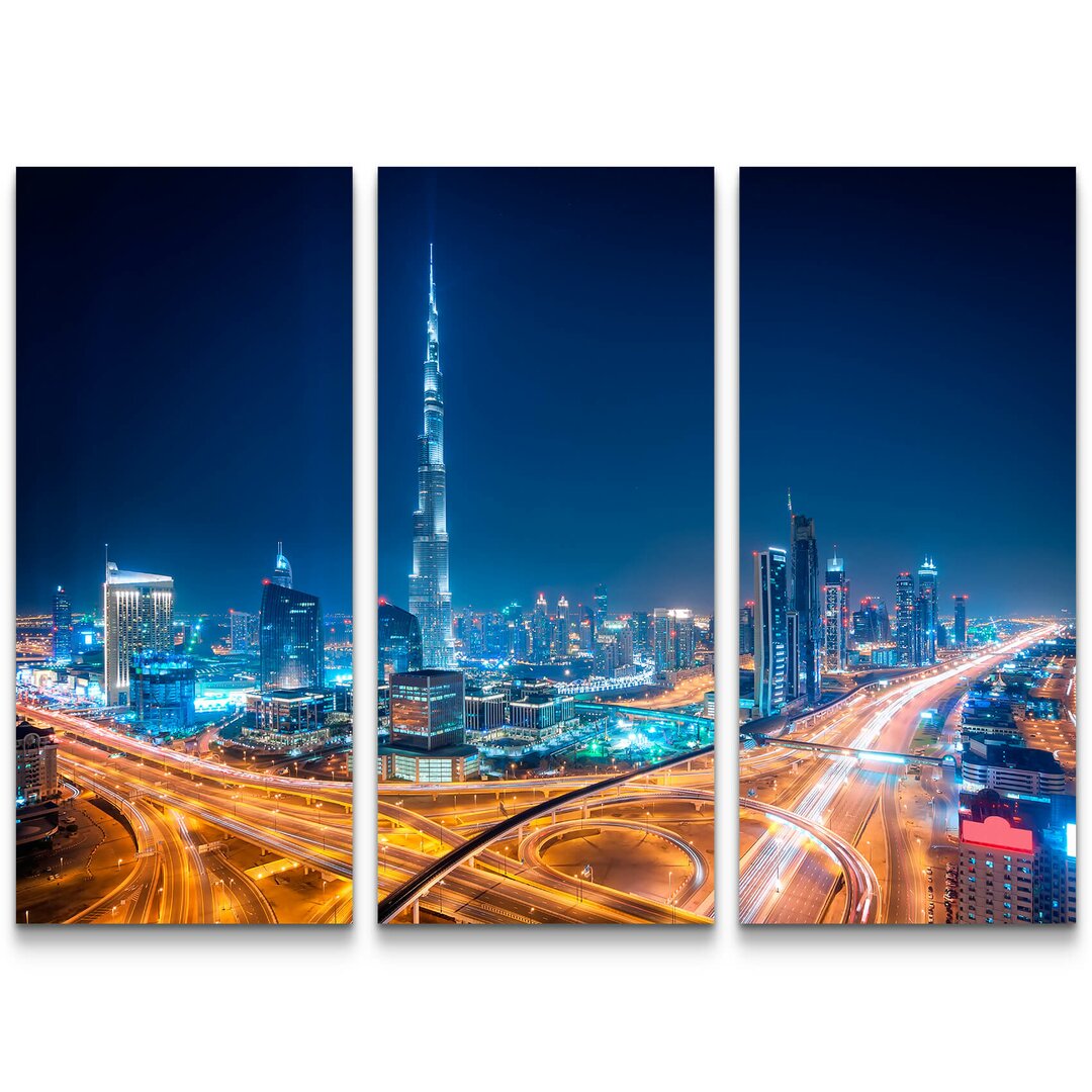 3-tlg. Leinwandbilder-Set Skyline bei Nacht - Dubai