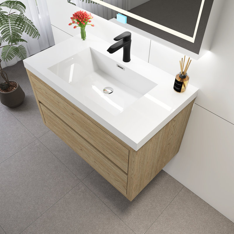 Meuble-lavabo mural 36 po avec lavabo, Bois de chêne naturel
