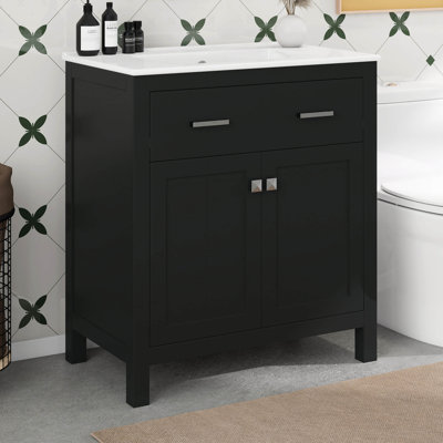 Meuble-lavabo de 30 po avec lavabo en céramique, armoire de salle de bain avec 2 portes et une tablette, portes à fermeture douce, supports de rangement pour porte