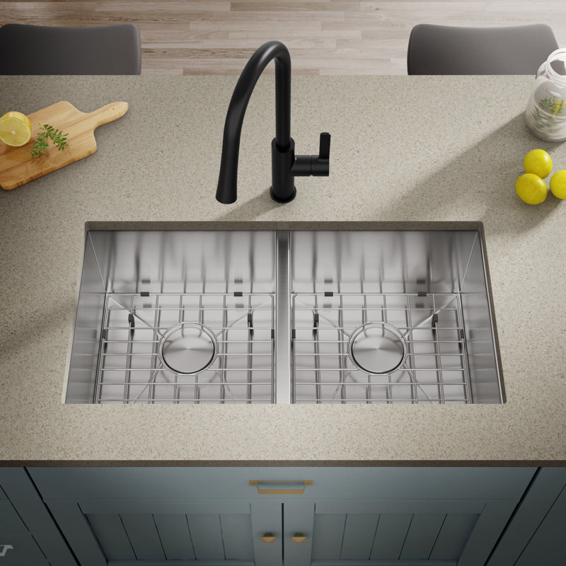 KH-3318 33" L x 18" W Double Basin Undermount Kitchen Sink With a Basket Strainer