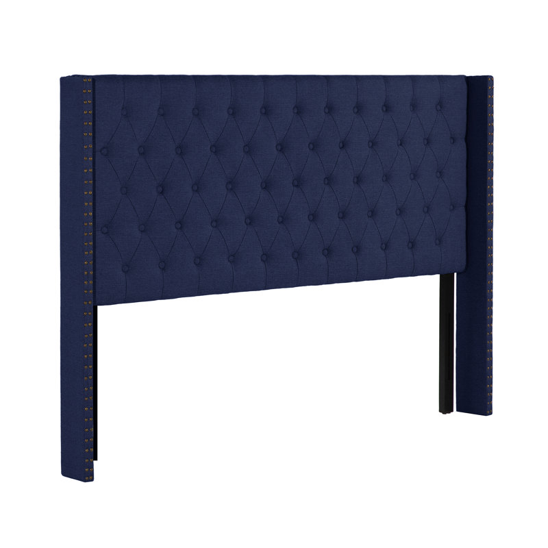 Tufted Wingback Upholstered Headboard with Nailhead Trim, Navy Blue-Linen, Queen