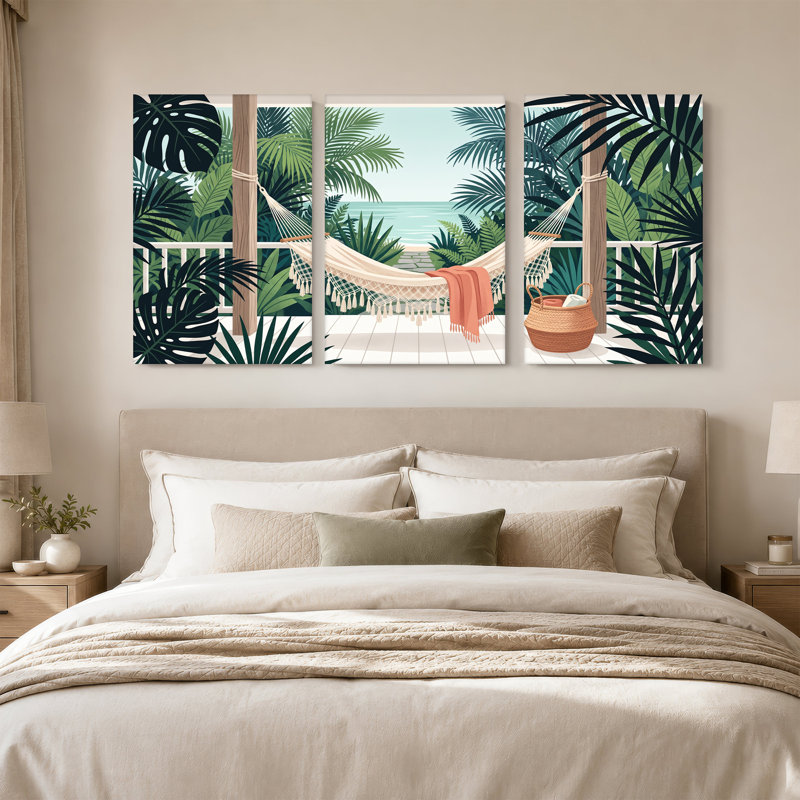 Hamac tropical avec feuilles de palmier et vue sur l'océan, ensemble de 3 toiles, 18"H x 12"W x 3pcs