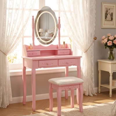 Bureau de maquillage rose avec miroir à DEL, rangement à 4 tiroirs, tabouret confortable, surface, décoration de chambre à coucher élégante, miroir de coiffeuse facile à installer et tiroirs pour bijoux, mode, structure stable