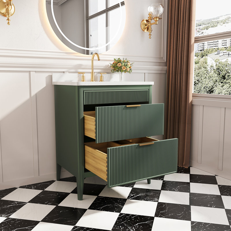30“ Freestanding Single Sink Bathroom Vanity With 2 Handle Sets And Engineered Marble Top - Fully Assembled, Green, Gôld, 30"