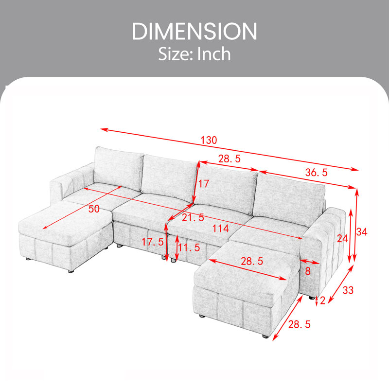 Upholstered U-Shaped Sectional with Ottoman Reversible, Light Gray Polyester Blend