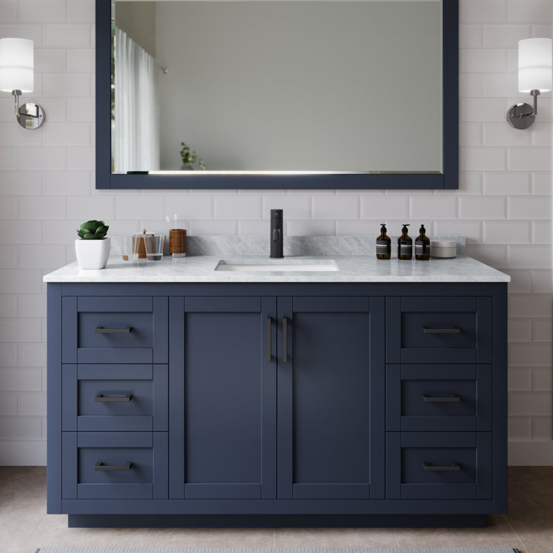 Ensemble de meuble-lavabo simple autoportant 60 po avec plateau en marbre Miranda, Bleu foncé, Noir mat