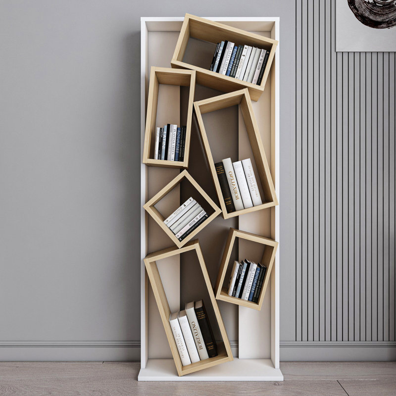 Modern Bookshelf, White & Oak, 24 x 60.6 x 60.4 inches | 100% Melamine Coated Particle Board, Thickness: 0.7 inches | Stylish & Functional Storage Solution for Home & Office, Contemporary Design