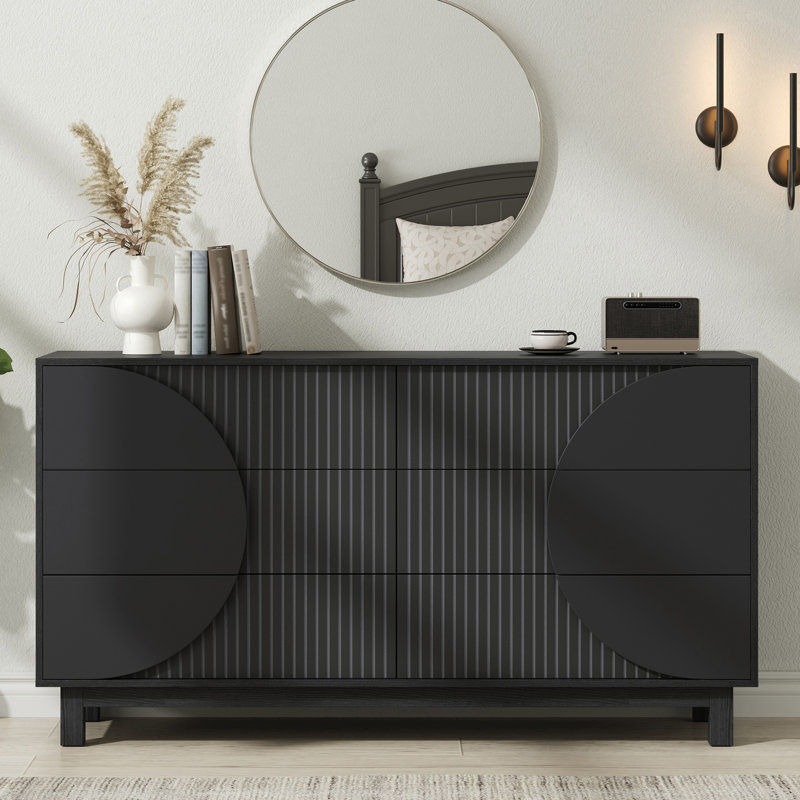 Commode double 6 tiroirs avec pieds en bois massif, Noir carbone